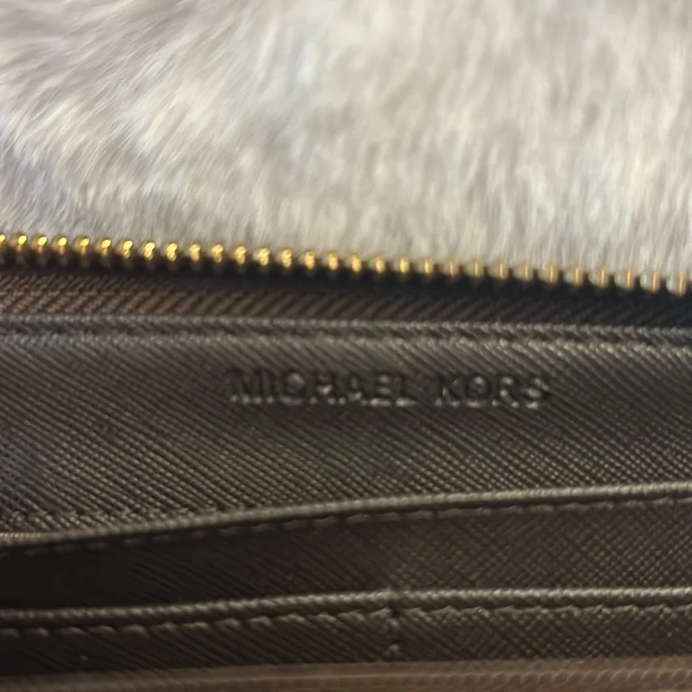 Michael Kors Beige Suede Pouch & Brown MK Signature Zip Wallet